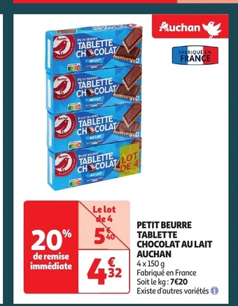 Auchan PETIT BEURRE TABLETTE CHOCOLAT AU LAIT AUCHAN offre