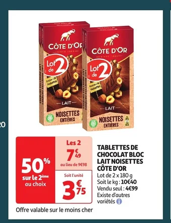 Auchan TABLETTES DE CHOCOLAT BLOC LAIT NOISETTES CÔTE D'OR offre