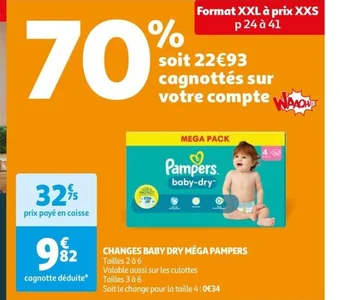 Auchan CHANGES BABY DRY MÉGA PAMPERS Tailles 2 à 6 offre