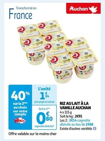 Auchan RIZ AU LAIT À LA VANILLE AUCHAN offre