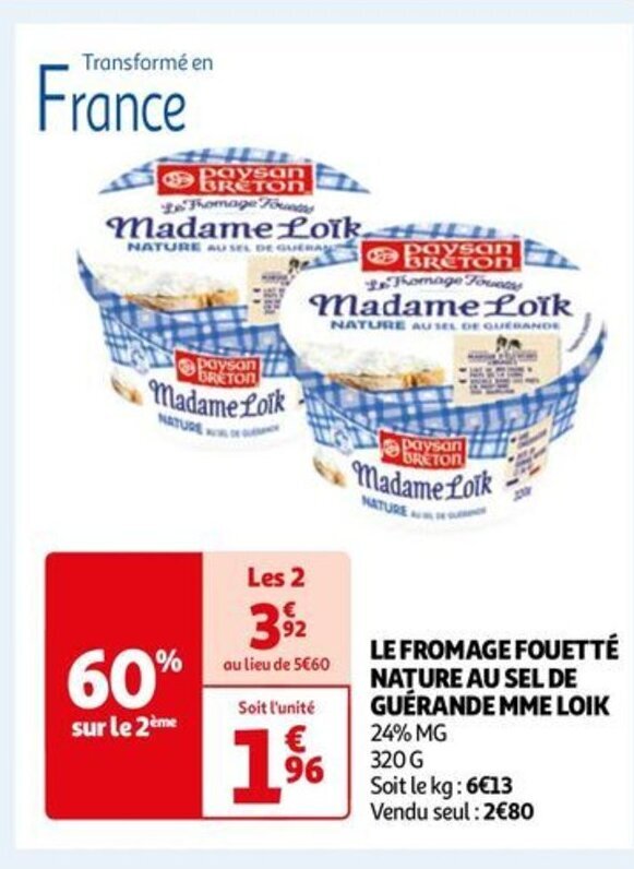 Promo LE FROMAGE FOUETTÉ NATURE AU SEL DE GUÉRANDE MME LOIK chez Auchan