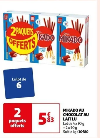 Auchan MIKADO AU CHOCOLAT AU LAIT LU offre