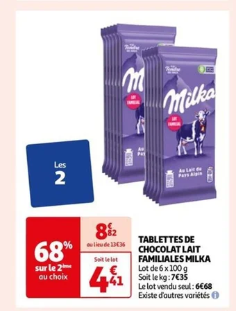 Auchan TABLETTES DE CHOCOLAT LAIT FAMILIALES MILKA offre