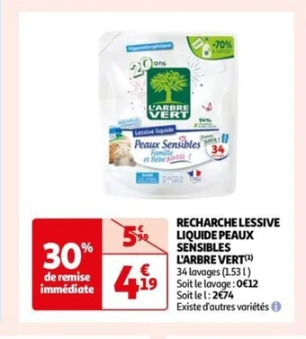Auchan RECHARCHE LESSIVE LIQUIDE PEAUX SENSIBLES L'ARBRE VERT offre