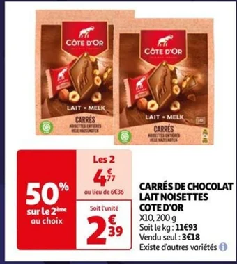 Auchan CARRÉS DE CHOCOLAT LAIT NOISETTES COTE D'OR offre