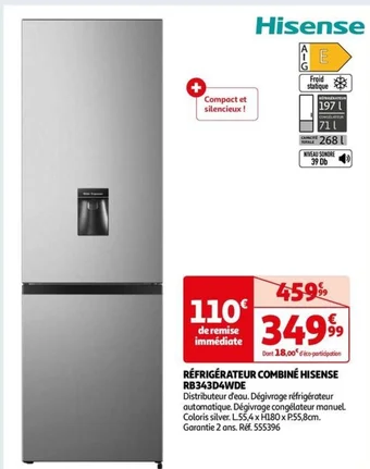 Auchan RÉFRIGÉRATEUR COMBINÉ HISENSE RB343D4WDE offre