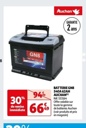 Auchan BATTERIE GN8 540A 62AH AUCHAN offre