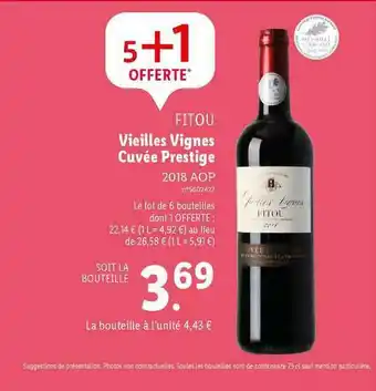 Lidl Fitou Vieilles Vignes Cuvée Prestige 2018 Aop offre