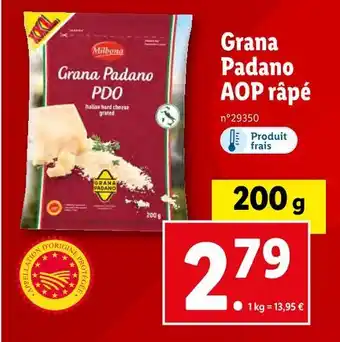 Lidl Milbona grana padano aop râpé offre