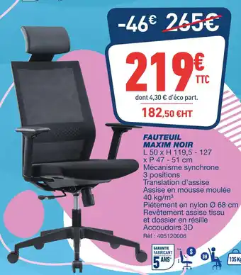 Bureau Vallée Fauteuil maxim noir offre