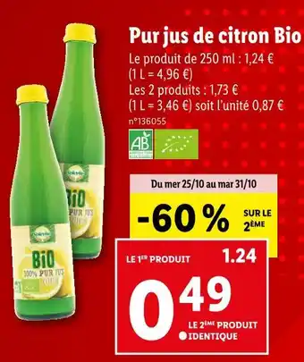 Lidl Solevita pur jus de citron bio offre