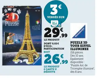 Hyper U Ravensburger puzzle 3d tour eiffel illuminee offre
