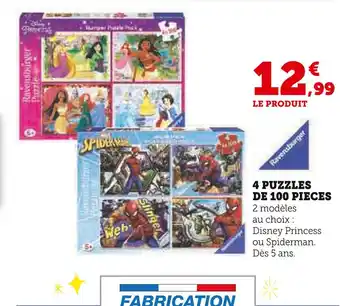 Hyper U Ravensburger 4 puzzles de 100 pieces offre