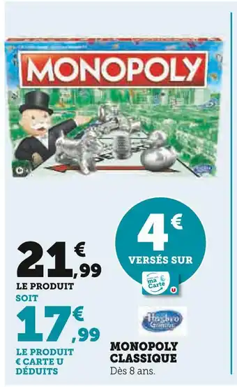 Hyper U Hasbro gaming monopoly classique offre