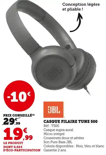 Hyper U Jbl casque filaire tune 500 offre
