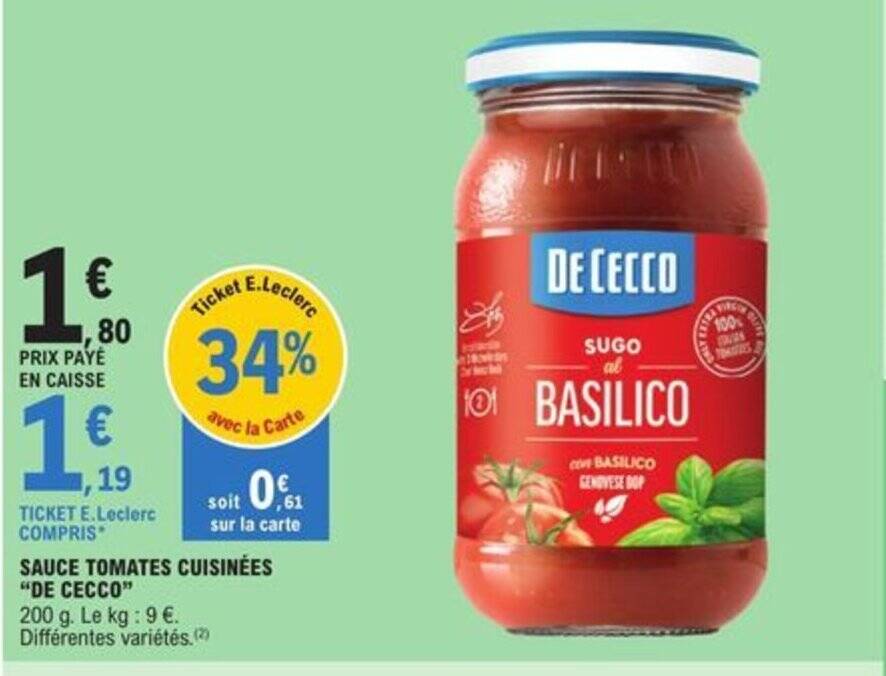Promo SAUCE TOMATES CUISINÉES "DE CECCO" chez E.Leclerc