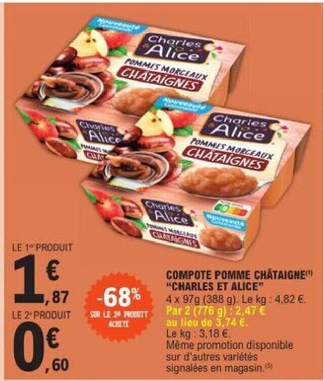 Promo COMPOTE POMME CHÂTAIGNE) "CHARLES ET ALICE" chez E.Leclerc