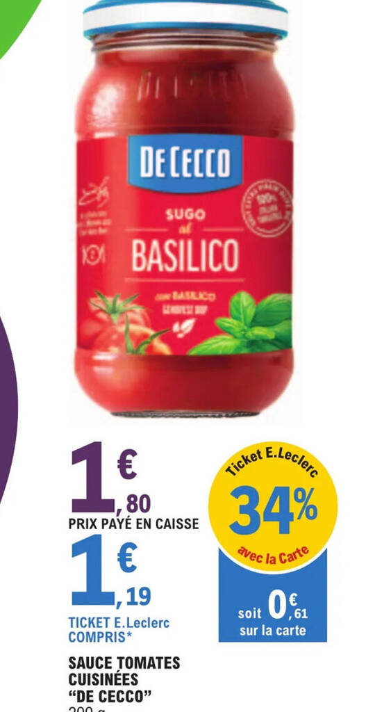 Promo SAUCE TOMATES CUISINÉES "DE CECCO" 200 g. chez E.Leclerc
