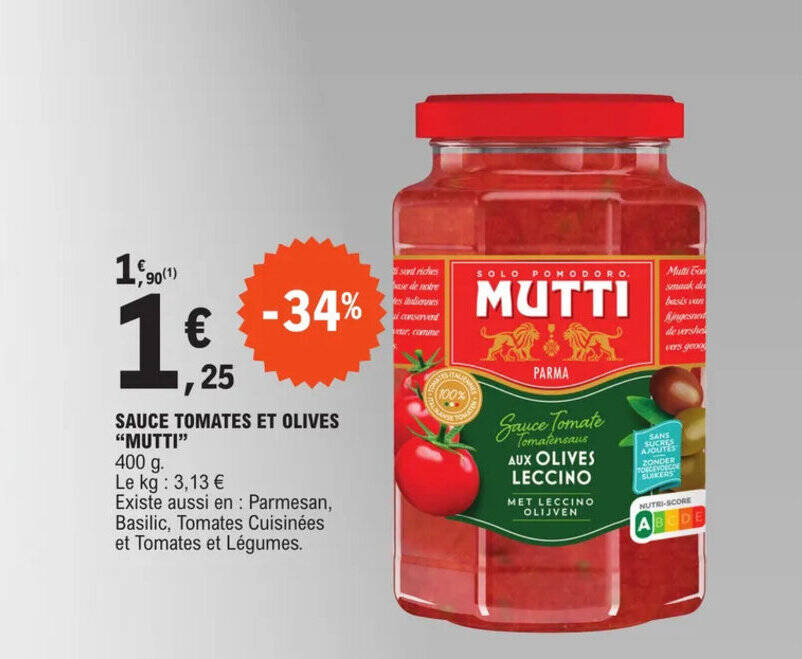 Promo SAUCE TOMATES ET OLIVES "MUTTI" chez E.Leclerc