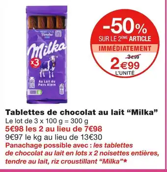 Monoprix Milka tablettes de chocolat au lait offre
