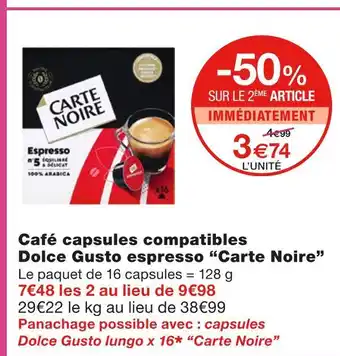 Monoprix Carte noir café capsules compatibles dolce gusto espresso offre