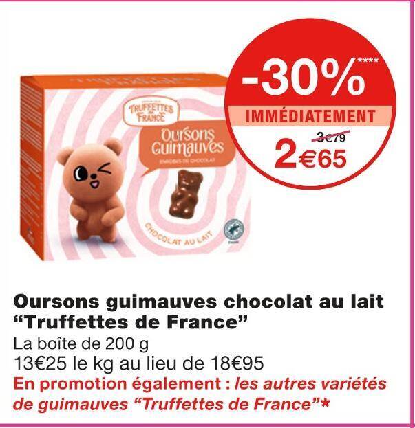 Promo Truffettes de france oursons guimauves chocolat au lait chez Monoprix