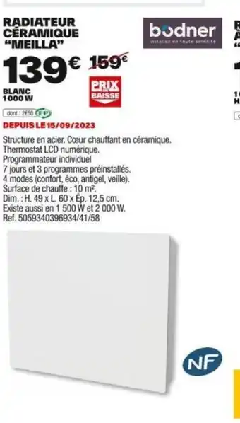 Brico Dépôt RADIATEUR CÉRAMIQUE MEILLA offre