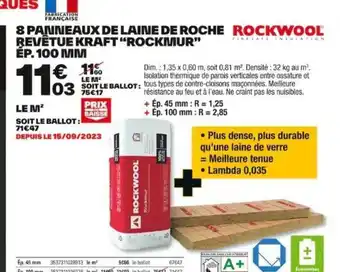 Brico Dépôt 8 PANNEAUX DE LAINE DE ROCHE ROCKWOOL REVÊTUE KRAFT ROCKMUR offre