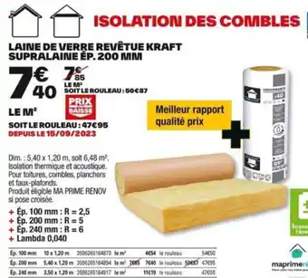 Brico Dépôt LAINE DE VERRE REVÊTUE KRAFT SUPRALAINE ÉP. 200 MM offre