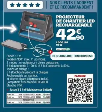 Brico Dépôt PROJECTEUR DE CHANTIER LED RECHARGEABLE offre