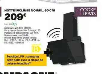Brico Dépôt COOKE HOTTE INCLINÉE NOIRE L. 60 CM offre