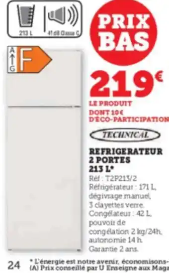 Hyper U REFRIGERATEUR 2 PORTES 213 L offre