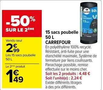 Carrefour 15 sacs poubelle 50 L CARREFOUR offre