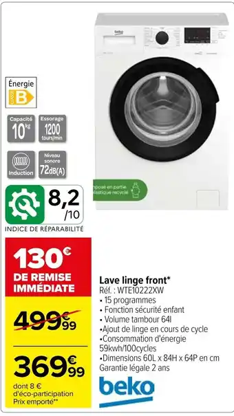 Carrefour Lave linge front* Réf. : WTE10222XW offre