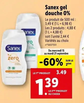 Lidl Sanex gel douche 0% offre