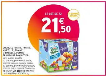 Intermarché Pom'potes gourdes pomme, pomme myrtille, pomme mirabelle, pomme framboise offre