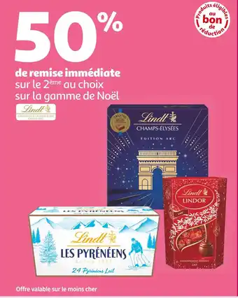 Auchan Supermarché Lindt 50% de remise immédiate sur le 2ème au choix sur la gamme de noël lindt offre