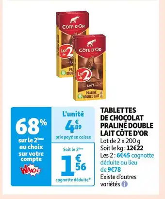 Auchan Supermarché Côte d'or tablettes de chocolat praliné double lait offre