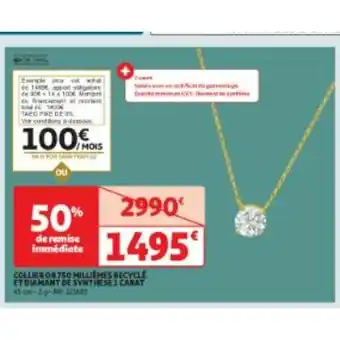 Auchan Collier or 750 millièmes recyclé et diamant de synthèse 1 carat offre