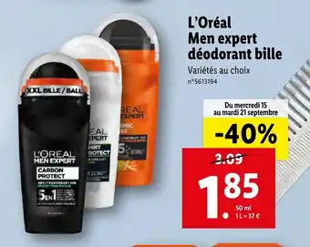 Lidl L'oréal Men Expert Déodorant Bille offre