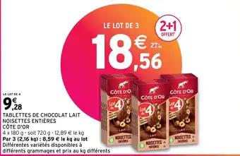 Intermarché Hyper TABLETTES DE CHOCOLAT LAIT NOISETTES ENTIÈRES CÔTE D'OR offre