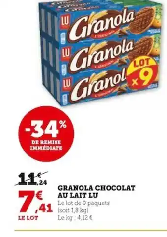 Super U GRANOLA CHOCOLAT AU LAIT LU offre