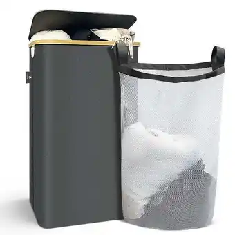 Bricorama Vounot panier a linge pliable 100l avec sac intérieur cadre bambou et couvercle gris offre