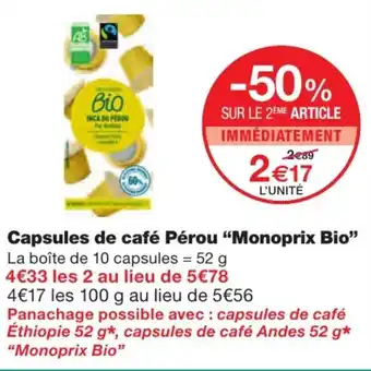 Monoprix Capsules De Café Pérou Monoprix Bio offre