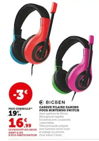 Hyper U CASQUE FILAIRE GAMING POUR NINTENDO SWITCH offre