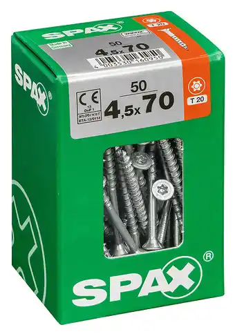 Lot de 50 vis acier tête fraisée torx spax, diam.4.5 mm x l.70 mm