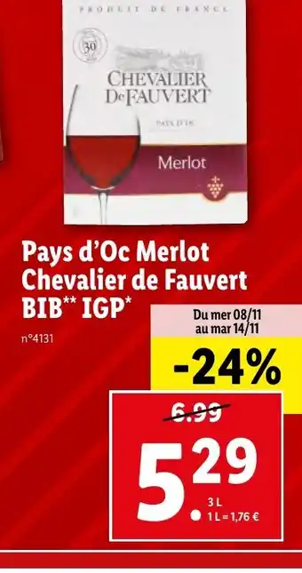 Lidl Pays d'Oc Merlot Chevalier de Fauvert BIB** IGP* offre