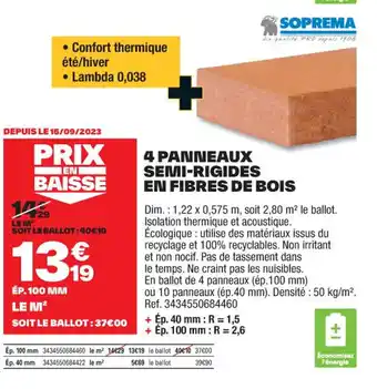 Brico Dépôt 4 PANNEAUX SEMI-RIGIDES EN FIBRES DE BOIS offre