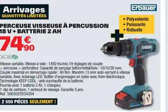 Brico Dépôt PERCEUSE VISSEUSE À PERCUSSION 18 V + BATTERIE 2 AH offre