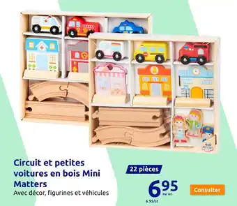 Action Circuit et petites voitures en bois Mini Matters offre